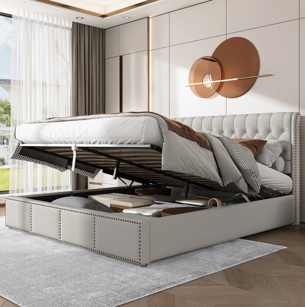 Letto matrimoniale 160x200 cm in lino grigio con contenitore; rete inclusa; senza materasso