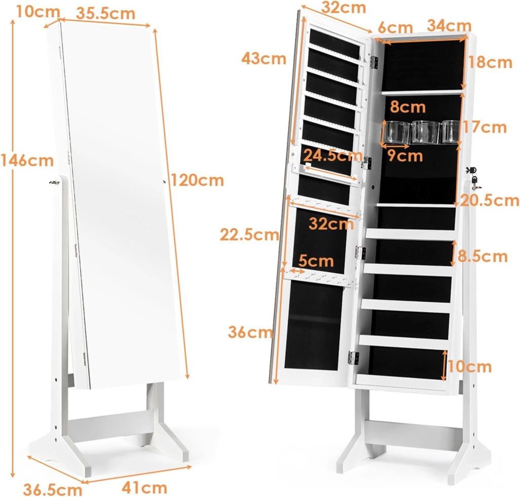 Armadietto Portagioie Specchiera per Gioielli, Armadio per Gioielli 2 in 1 con Grande Capacità, 4 Angoli Regolabili, 41 x 36,5 x 146 cm (Bianco)