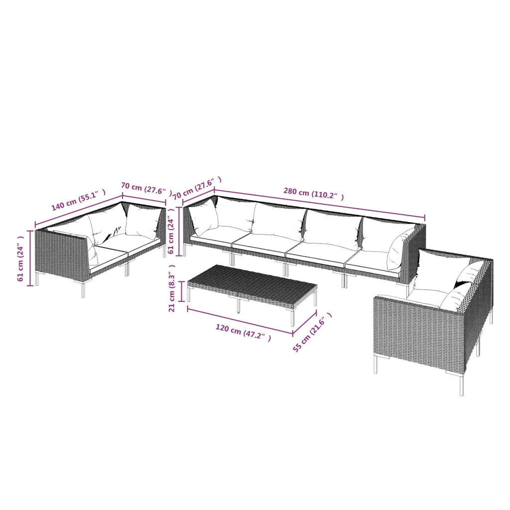 Set Divani Giardino 9pz con Cuscini in Polyrattan Grigio Scuro cod mxl 48783