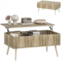 Tavolino da Caffè con ripiano Sollevabile, 2 Scomparti Nascosti e Gambe in Pino, 91 x 56 x 43 cm, Rovere