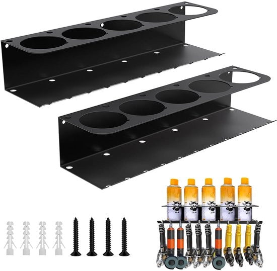 Sistema di supporto per spray 2 pezzi per officina, 3 pollici supporto per spray in acciaio di carbonio con 5 fori, supporto versatile per flaconi spray, organizzatore per elettroutensili