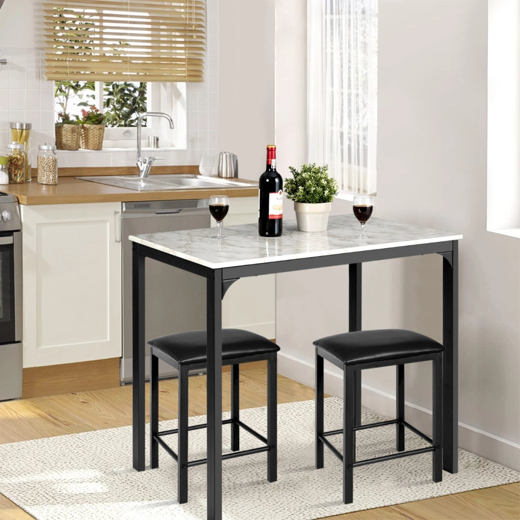 Set tavolo con 2 sgabelli senza schienale in similpelle, Set di mobili da 3 pezzi per sala da pranzo Bianco