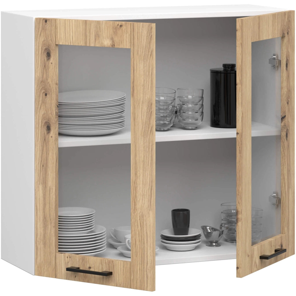 Vetrina da cucina sospesa Bianca 80 cm 2 porte Colore frontale Quercia Artigiana 80x30,5x72 cm