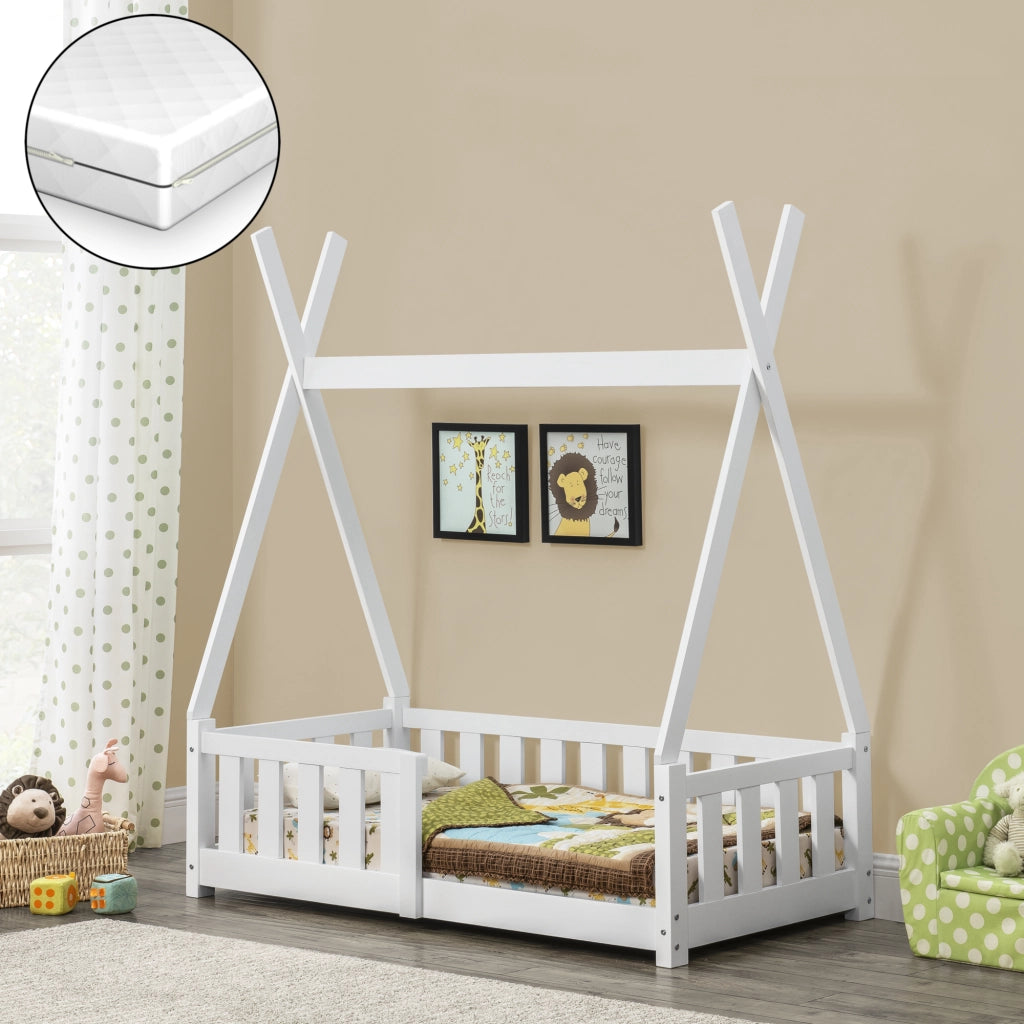 Letto a Capanna Helsingborg con Sponde e Materasso 70 x 140 cm Bianco [en.casa]