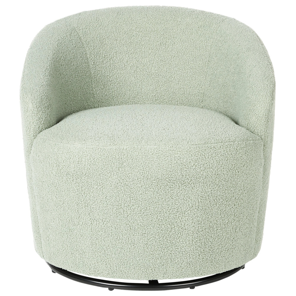 Poltrona con schienale curvo in tessuto bouclé verde chiaro base girevole 360° Art Deco dorato