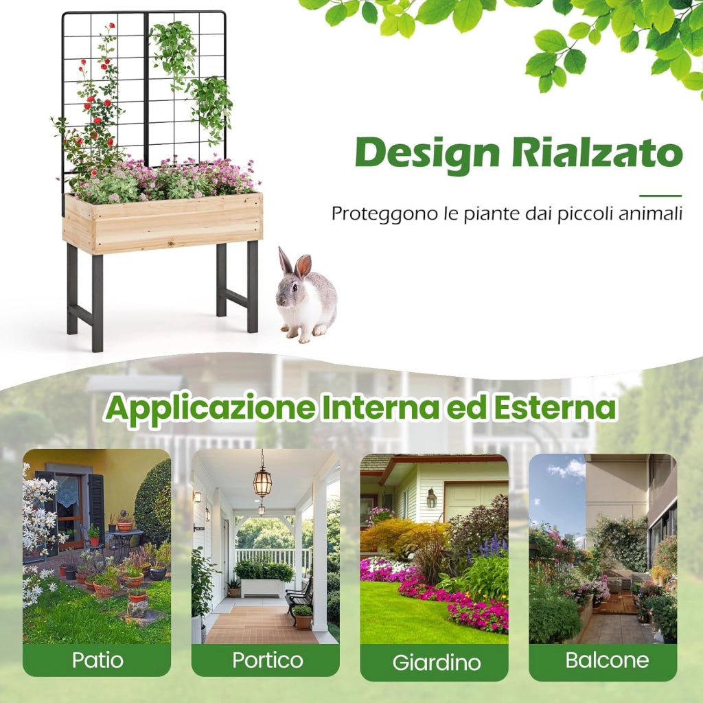 Letto da Giardino Rialzato con Traliccio in Metallo e Drenaggio, Fioriera in Legno Sopraelevata per Piante Rampicanti, Fioriera da Interno ed Esterno per Patio, Balcone e Cortile