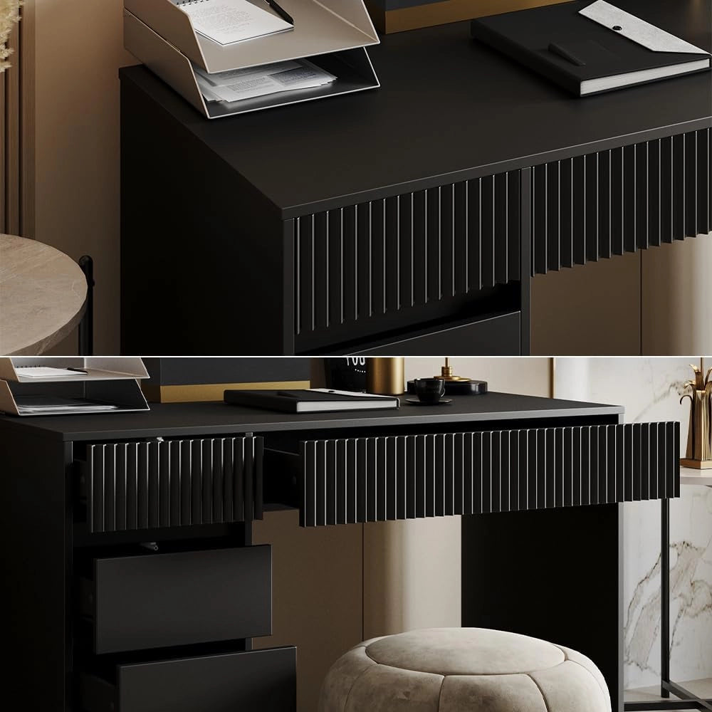 Scrivania Omira, Nero, 120 x 55 cm con 5 cassetti, adatto come postazione di lavoro per home office e studio