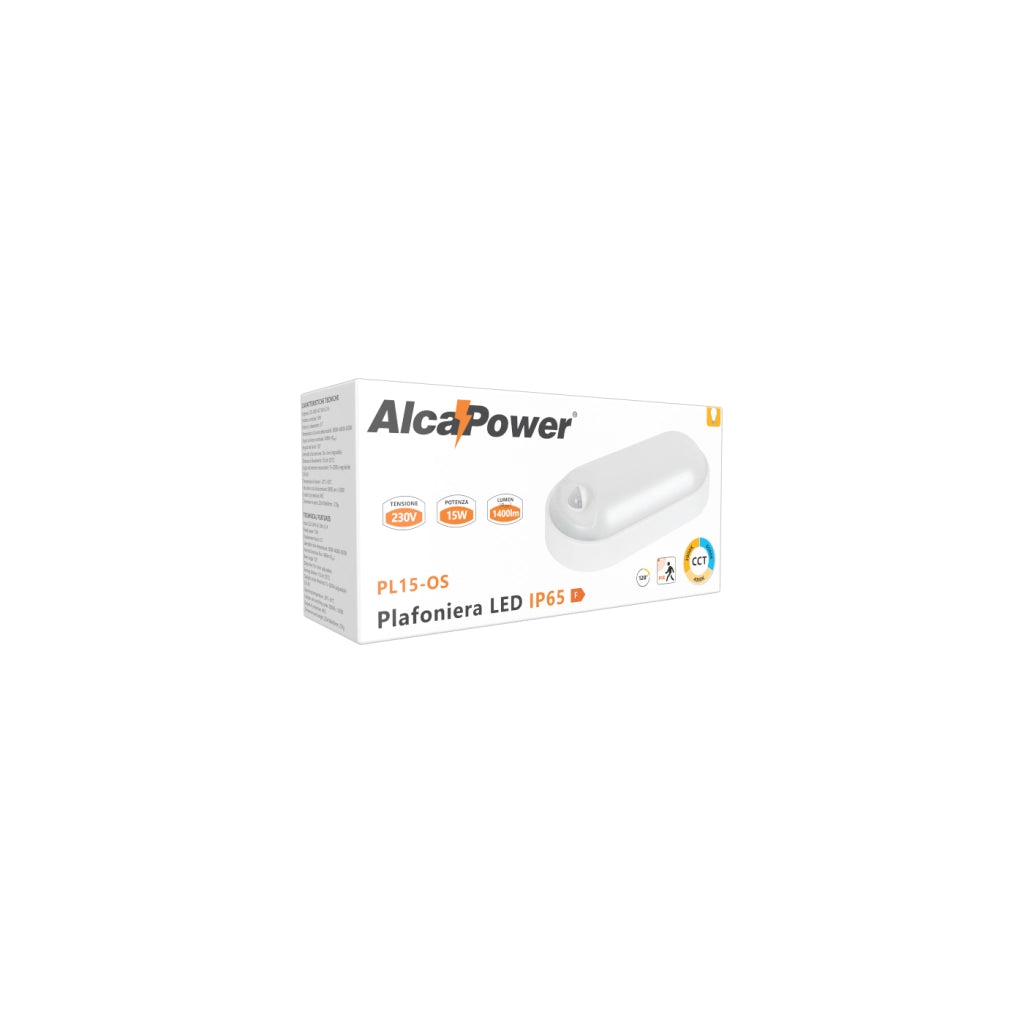 Alcapower Plafoniera LED Ovale 15W IP65 con Sensore PIR, Tecnologia CCT Selezionabile 3000K/4000K/6500K, 1400lm, Design Resistente in ABS e PC