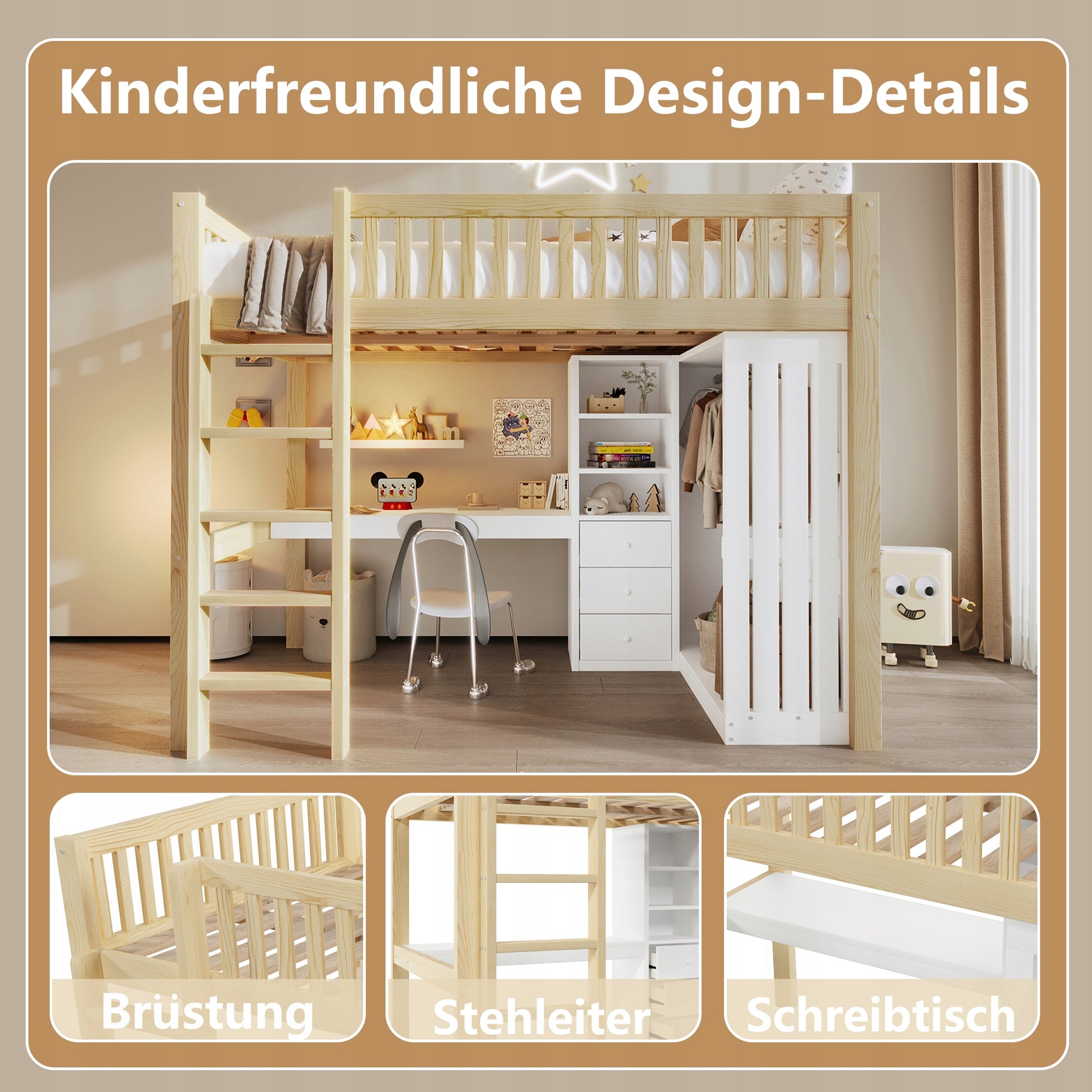 Letto a castello con scrivania e armadio - Xylo - 140x200 cm con cassetti