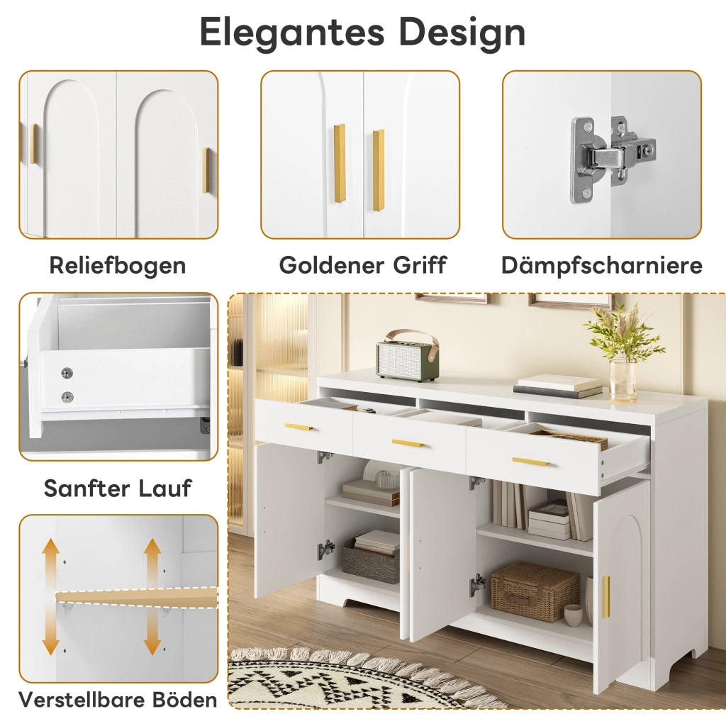 Credenza con 4 ante ad arco, 3 cassetti e ripiani regolabili, per soggiorno, in MDF bianco 140 × 40 × 83 cm