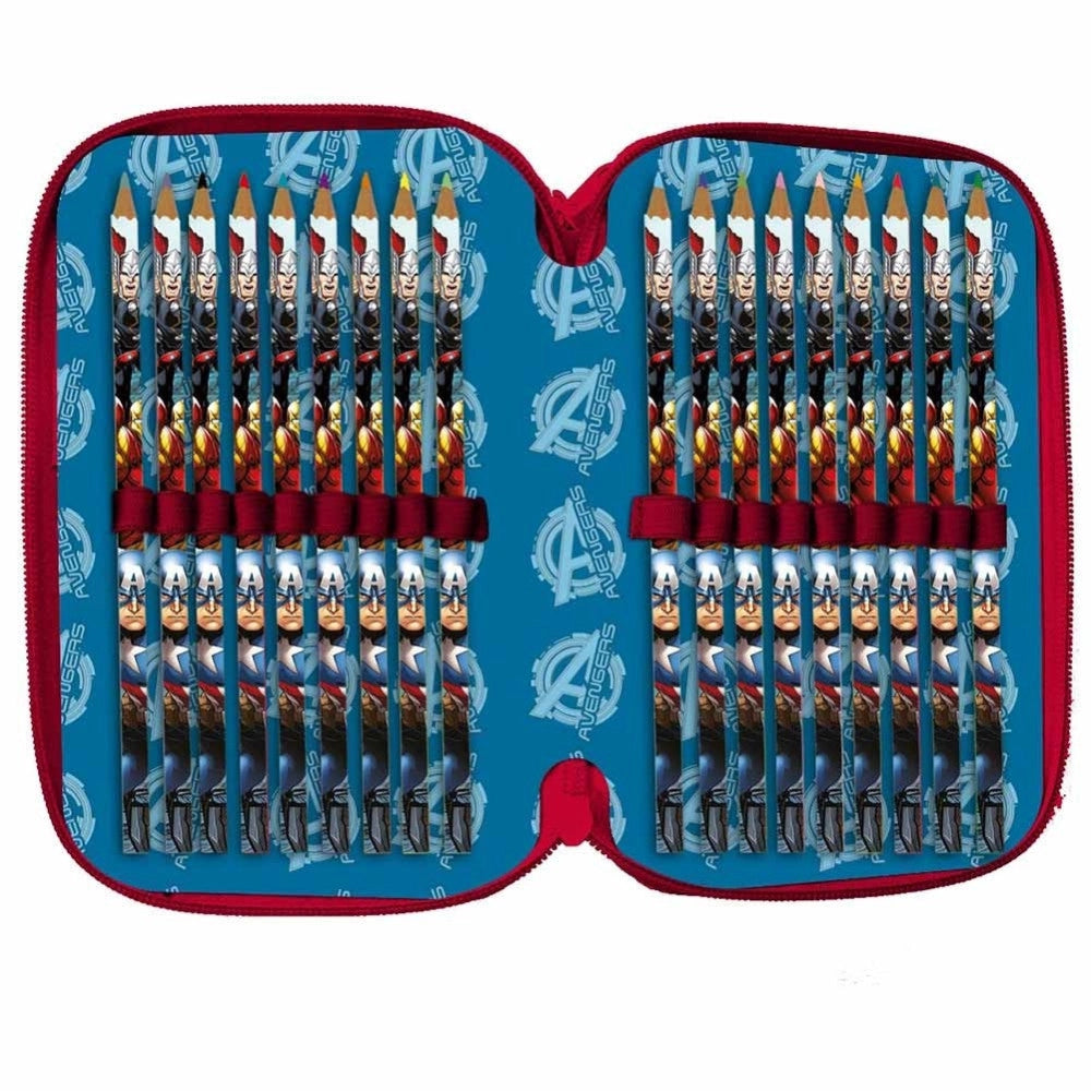 Trade Shop - Astuccio Portapastelli Scuola 3 Zip Avengers Accessoriato Con Pastelli Pennarelli -