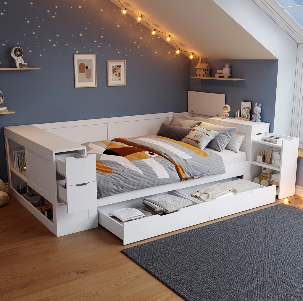 Letto contenitore 140x200 cm con cassetti e comodino, bianco