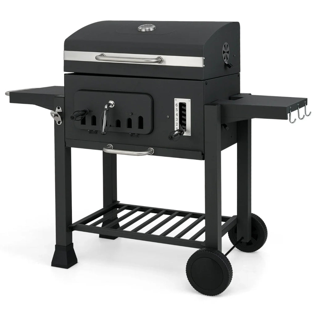 Barbecue a carbonella 132 x 57 x 106 cm con 2 tavoli pieghevoli regolabili (6 posizioni) nero acciaio laminato a freddo 20_0010596