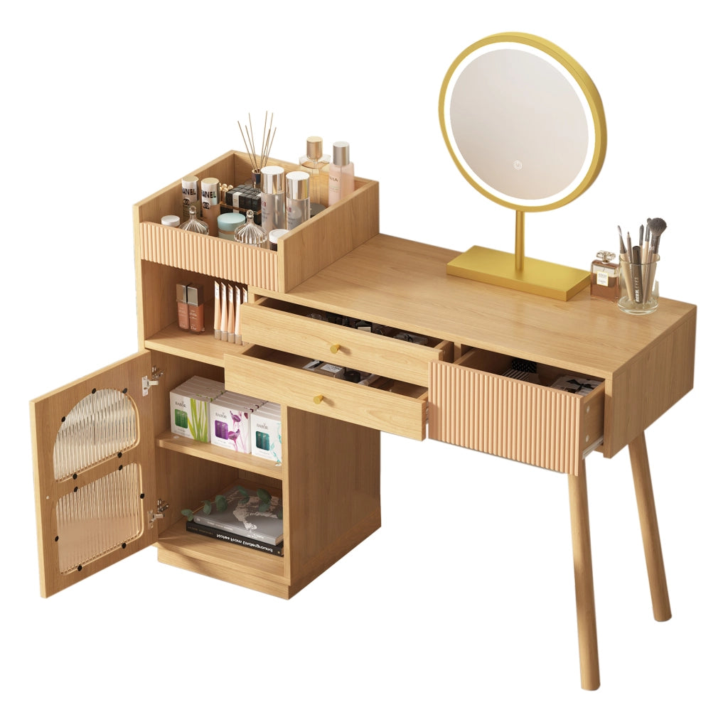Toeletta naturale con specchio LED e mobile laterale 120x40x90 cm