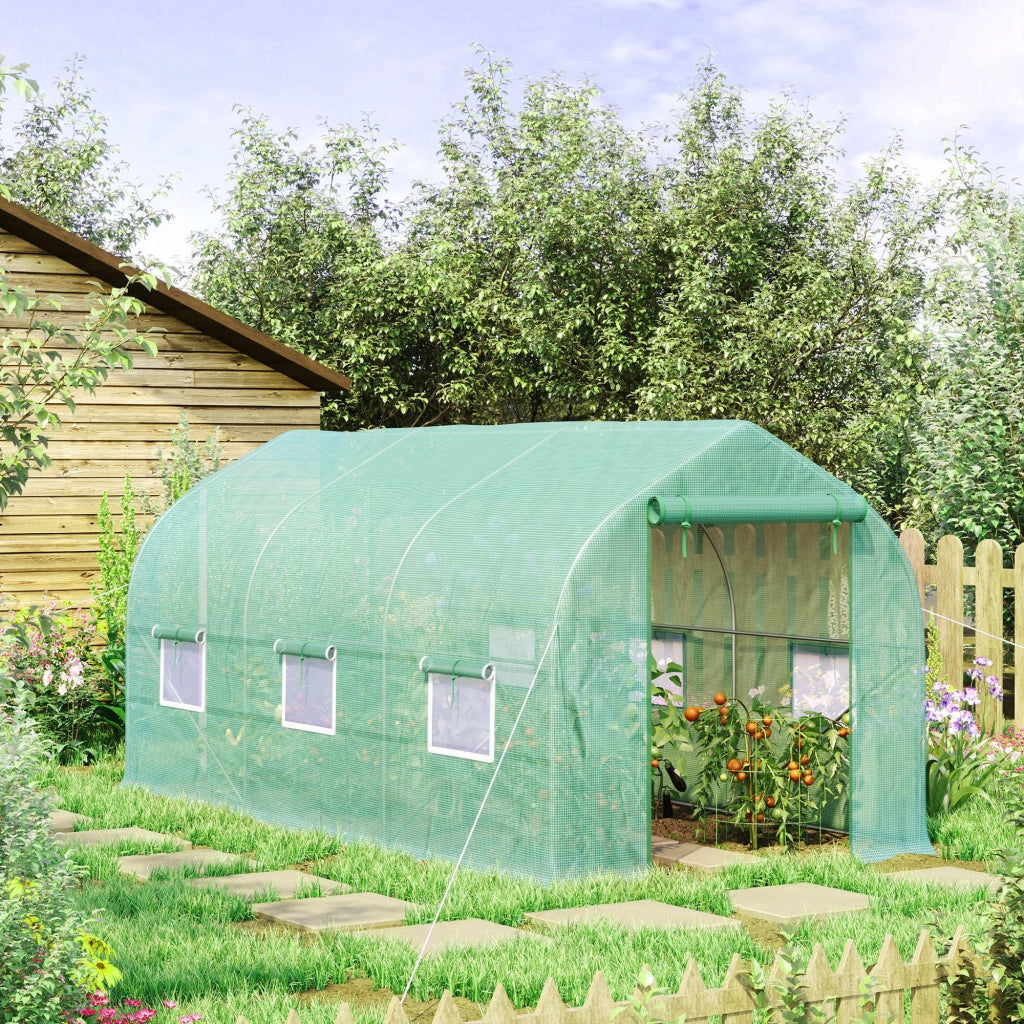 Serra a Tunnel Anti-UV 4x2x2 m con 6 Finestre a Rete e Ingresso Arrotolabile in Metallo e PE Verde