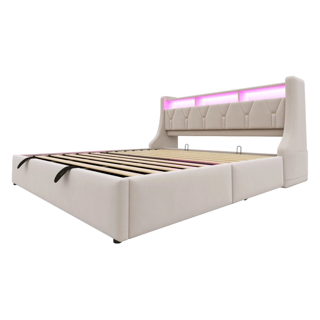 Letto matrimoniale 180x200 cm in velluto beige con contenitore; LED e testiera con prese USB/C