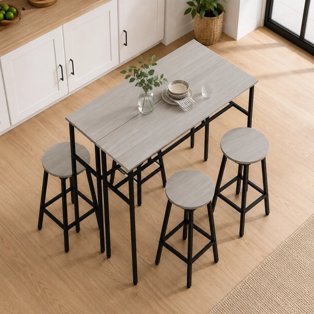 Set bar 6 pezzi con 2 tavoli e 4 sgabelli salvaspazio in legno e acciaio grigio