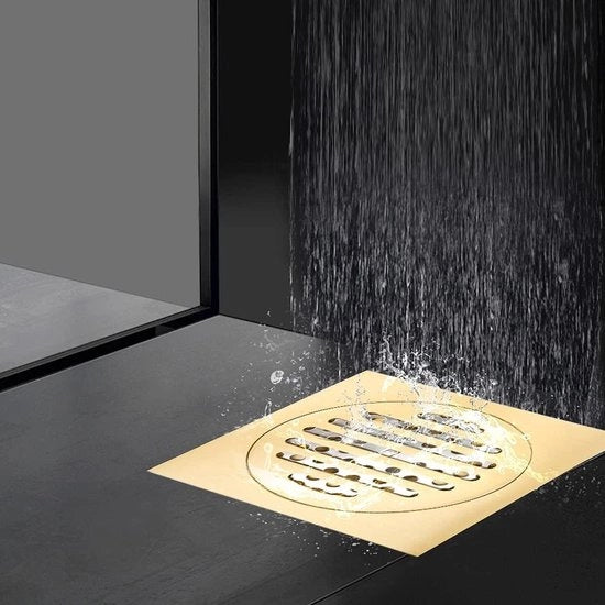 Douchecarrello in rame con filtro per capelli rimovibile e dispositivo per l'aspirazione dell'acqua.