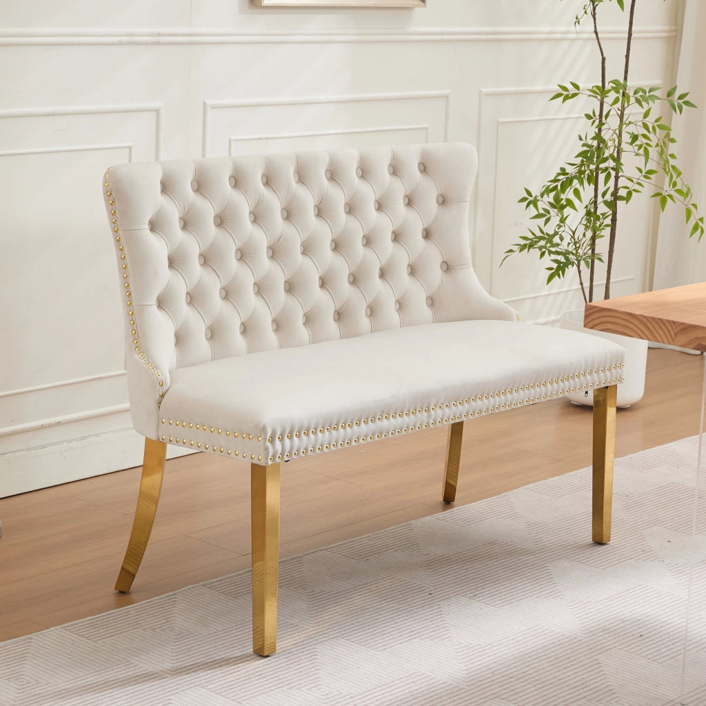 Panca da Pranzo 2 Posti Imbottita in Velluto ¨C Xylo ¨C Beige, Gambe Oro