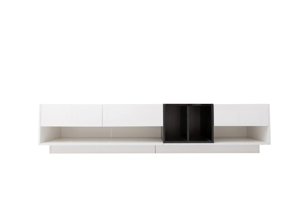 Mobile porta TV a tre cassetti e due vani aperti in truciolare lucido bianco e nero 190 × 40 × 42 cm