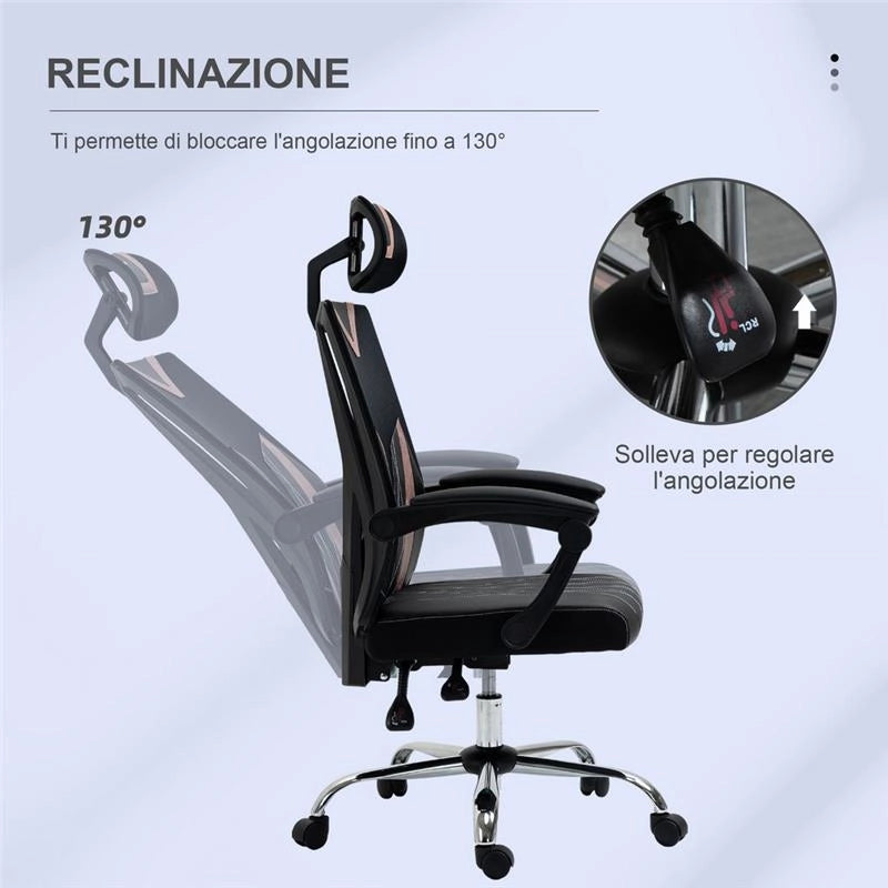 SEDIA DA UFFICIO CON SUPPORTO LOMBARE 58 X 62.5 X 112-120 CM NERO E ROSA