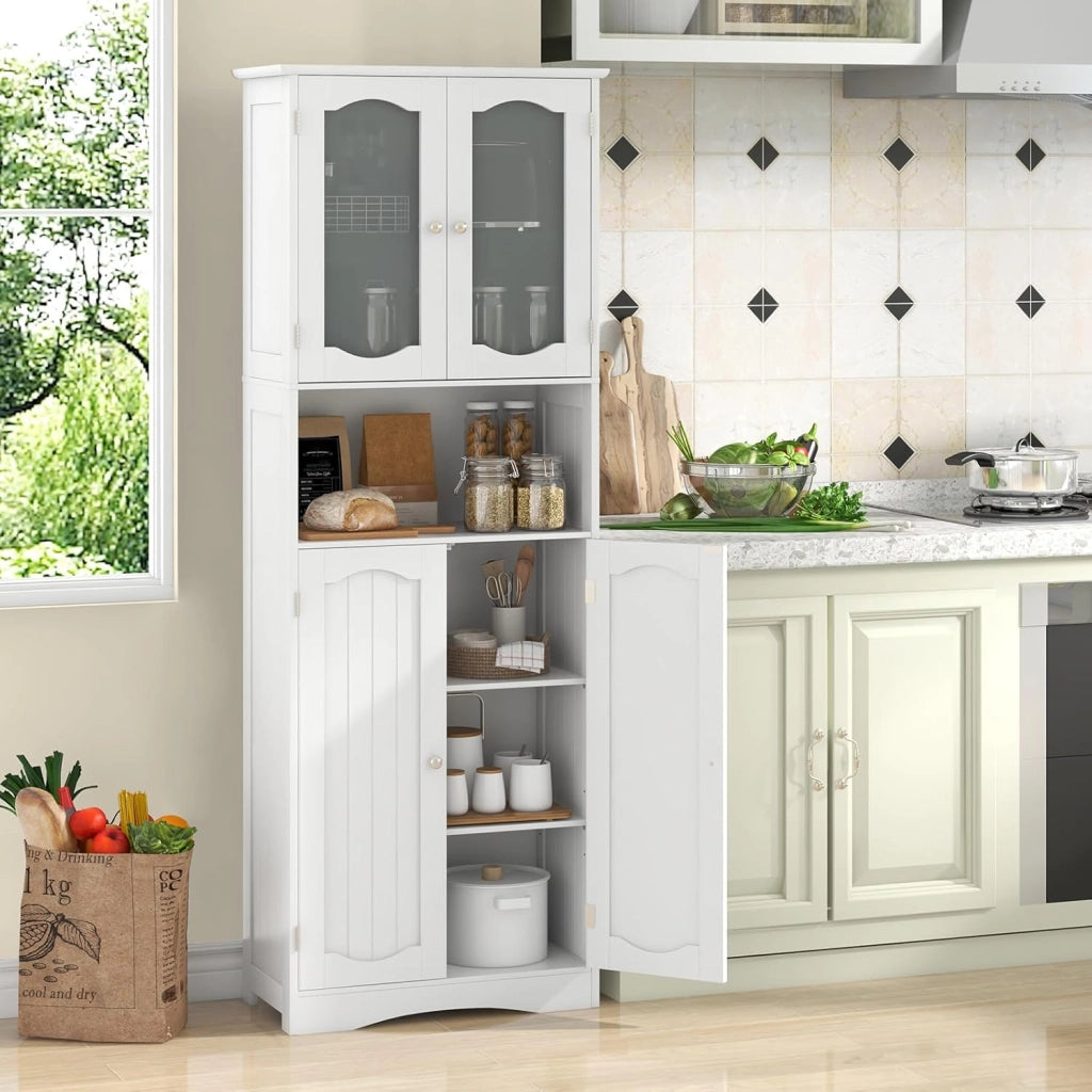 Armadietto Salvaspazio 60 x 30 x 164cm, Mobile Bagno con Scomparti Aperti, Ripiani Regolabili e 2 Porte in Vetro Temprato, Armadio da Bagno per Ufficio, Soggiorno e Camera da Letto (Bianco)