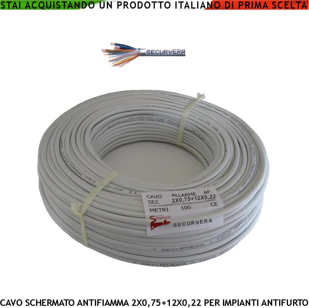 Cavo Flessibile Antifurto Schermato 2X0,75+12X0,22 mm² Guaina PVC Bianco Prot. Alluminio/Poliestere Drenaggio Conduttori a Coppie Fili 7 Ø 0,19 mm Per Impianti di Allarme Antifurto Norma CEI 20/22-III