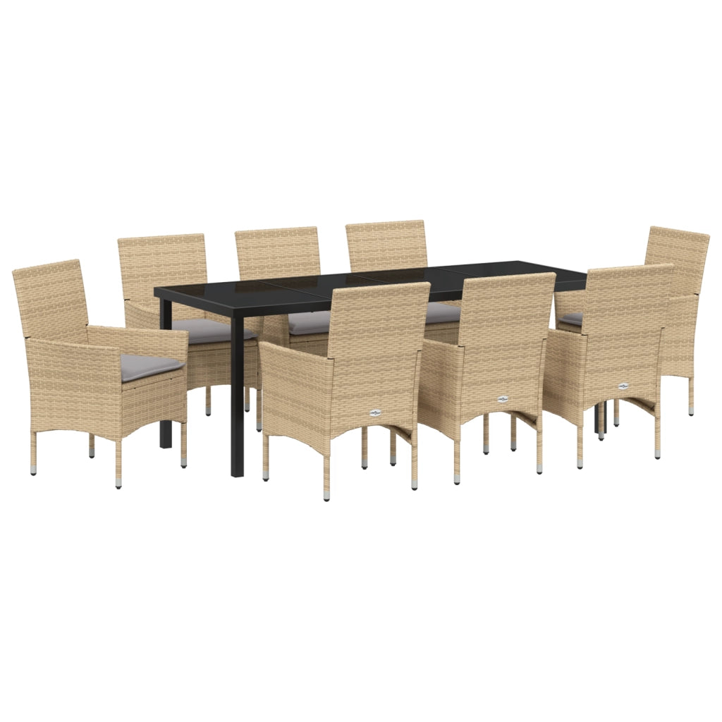 Set da Pranzo da Giardino  9 Pezzi con Cuscini in Rattan Poliestere Beige