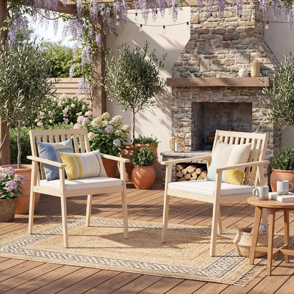 Set di 2 Sedie da Giardino Ergonomiche con Cuscino Rimovibile, Sedie da Pranzo con Braccioli, Poltrona in Legno di Acacia da Terrazza, Balcone, Cortile, Portata 180kg (Naturale)