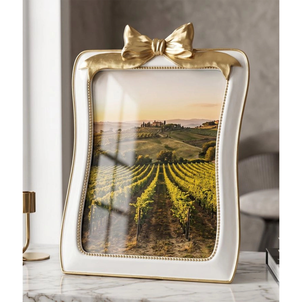 Cornice portafoto Romantica con fiocco bianco e oro