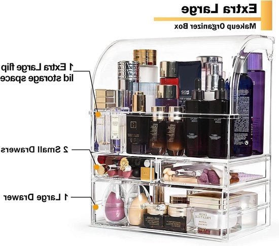 Organizzatore di grandi dimensioni per trucchi in acrilico - vetrina di cosmetici trasparente con ripiani - contenitore impermeabile per il comodino della doccia