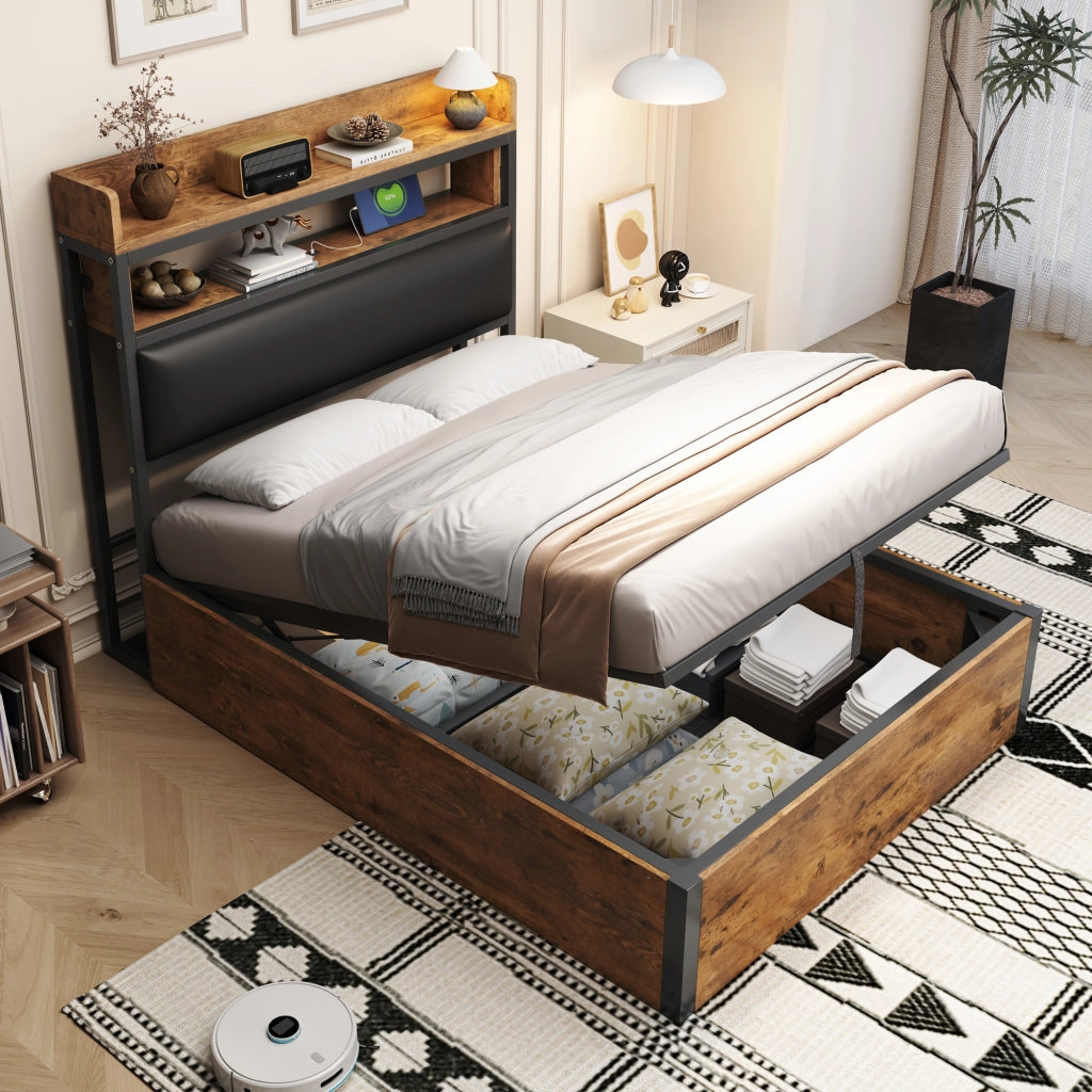 LETTO Contenitore 90x200 cm Nero con meccanismo idraulico e USB