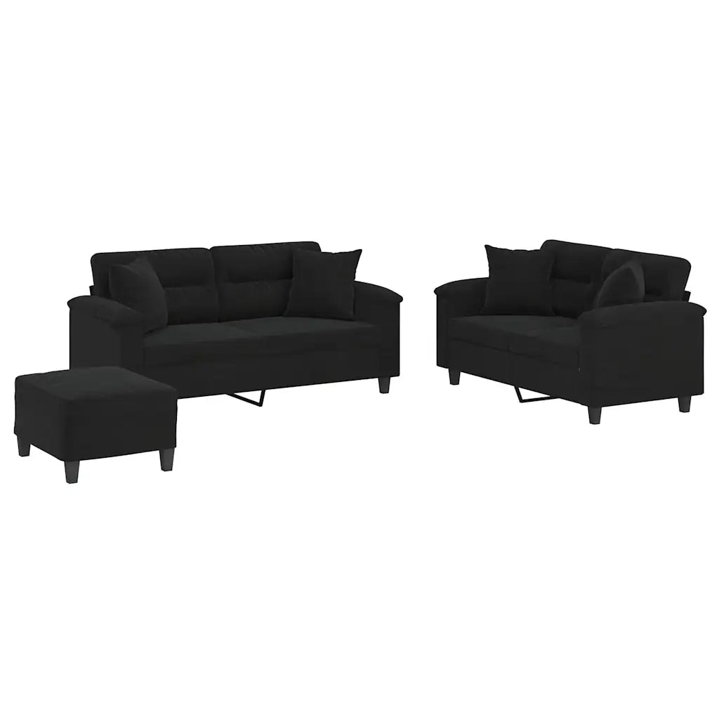 Set Divani 3 pz con Cuscini Nero in Tessuto Microfibra