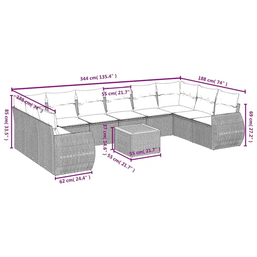 Set Divani da Giardino 11 pz con Cuscini Grigio in Polyrattan 3225179