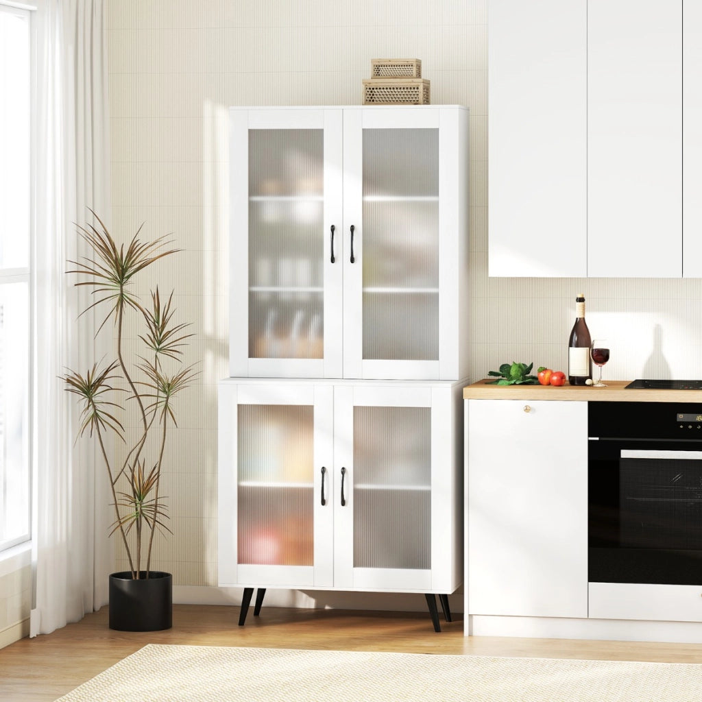 Madia autonoma con gambe in metallo per sala da pranzo soggiorno, Armadio dispensa da cucina 178,5 cm con 4 ante trasparenti Bianco-Credenze buffet
