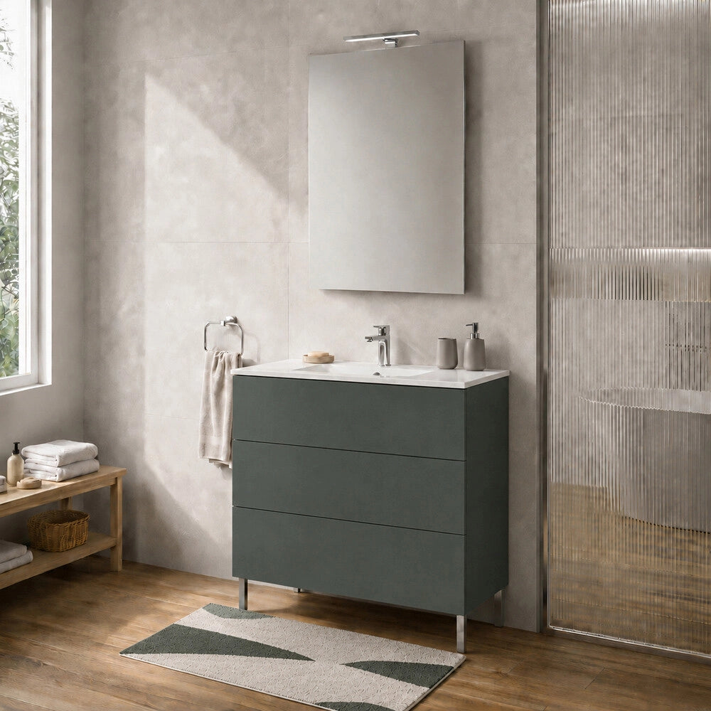 Mobile bagno a terra 100 cm verde tre cassetti push-pull con lavabo Tierra