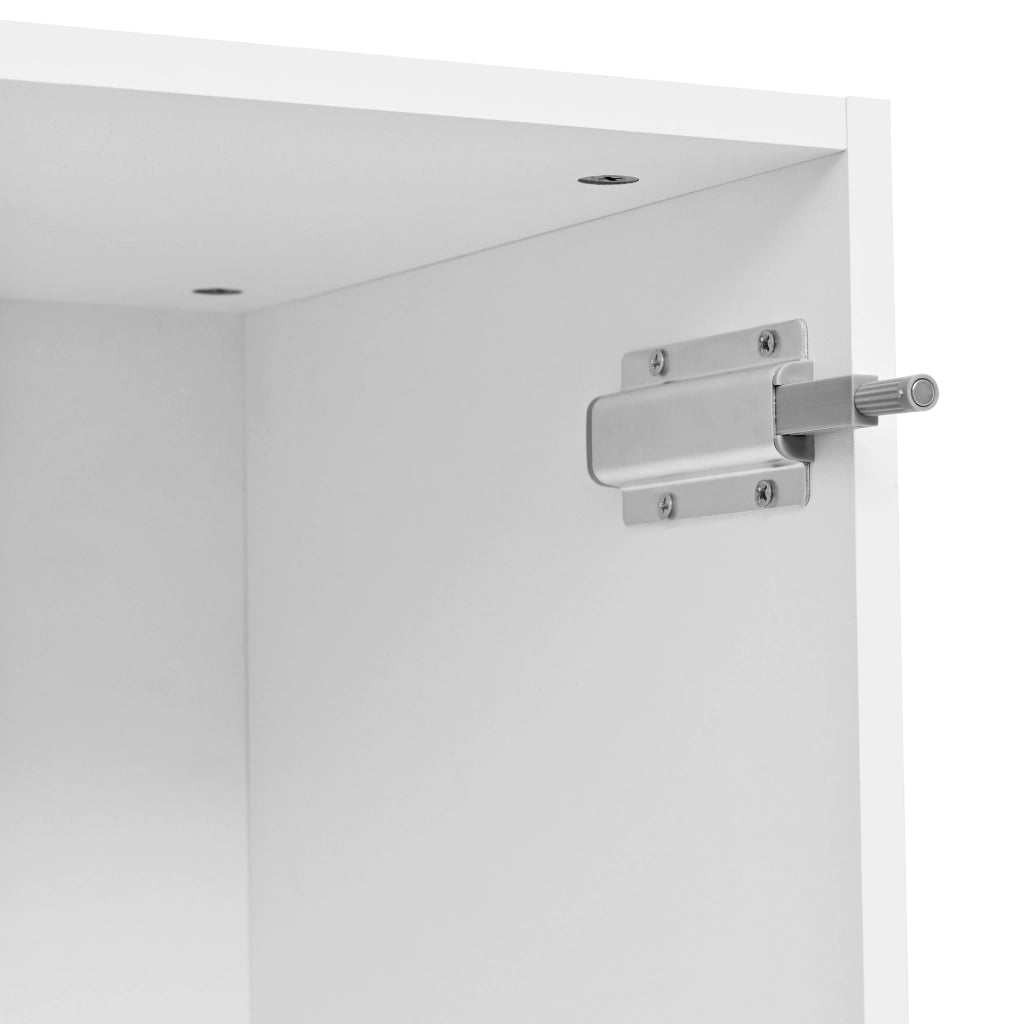 Set mobili da ingresso con armadio a specchio, panca portascarpe, cassetti e ganci, in MDF bianco