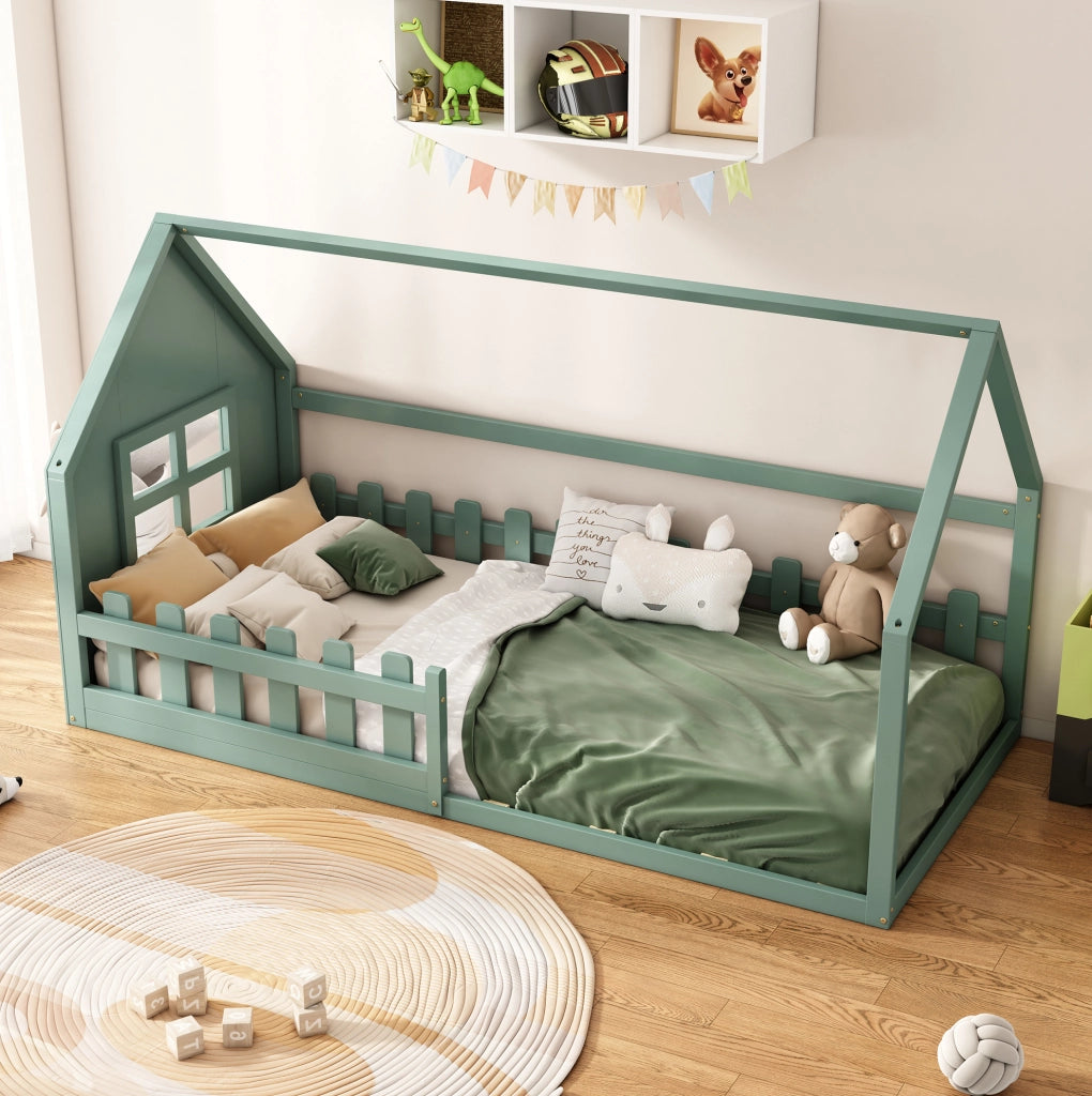 Letto per bambini 90x200 cm; a casetta; pino e MDF; verde