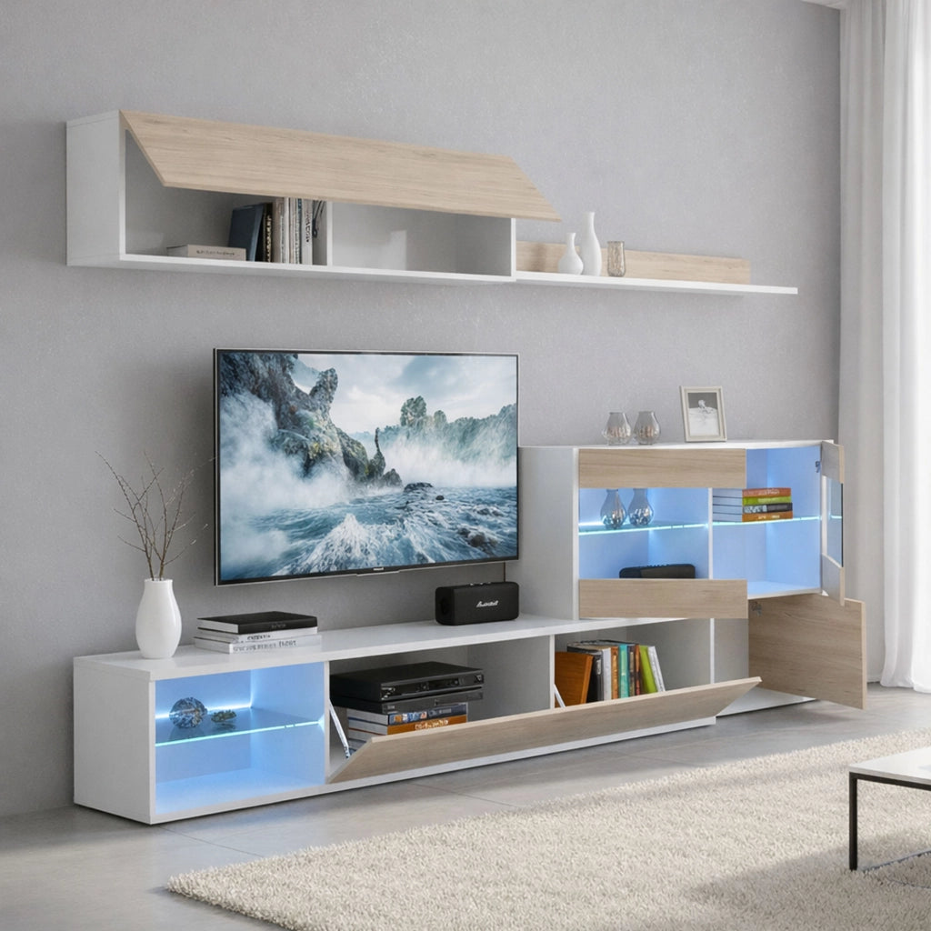 Parete attrezzata Agio, Set da soggiorno modulare ad angolo, Mobile salotto multiposizione con luce LED, 260x41h180 cm, Rovere e Bianco