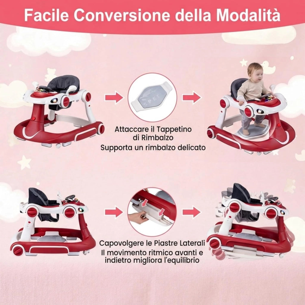 Girello per Bambini 6-in-1 Evolutivo, Centro Attività Pieghevole con Maniglia, Regolazione Altezza/Velocità, con Musica, Luci Tenda, per Neonati 6-18 Mesi (Rosso+Bianco)