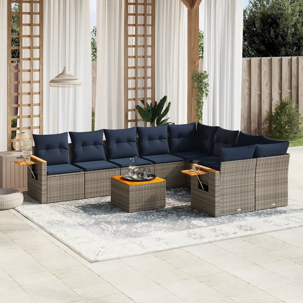 Set Divani da Giardino 10 pz con Cuscini Grigio in Polyrattan