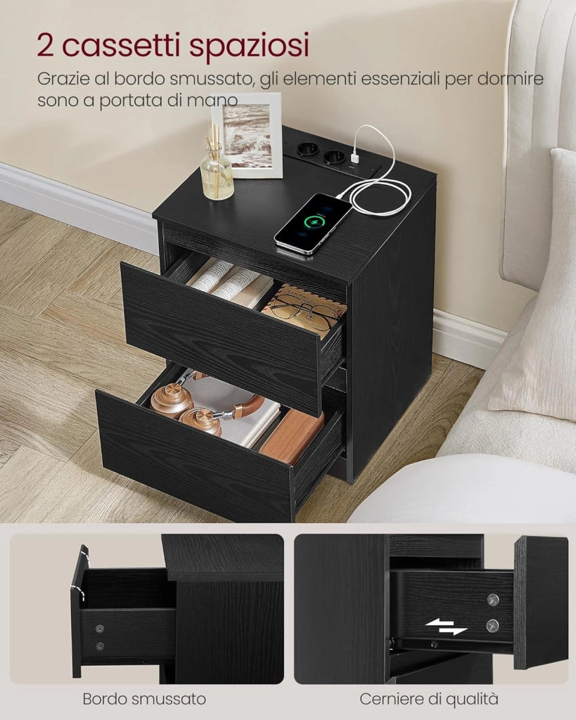 VASAGLE KAILYN Collezione - Comodini con Ciabatta Elettrica, Set di 2 Tavolini, 2 Cassetti, 2 Prese AC, 2 Porte USB-A, Soggiorno Camera da Letto, Moderno, Nero Ebano LET821B02