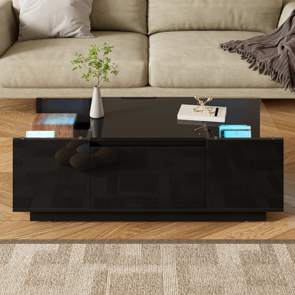 OKWISH Tavolino da Salotto Rettangolare con 2 Cassetti, 2 Vani, LED e Piani in Vetro, per Soggiorno, 105×50×35 cm