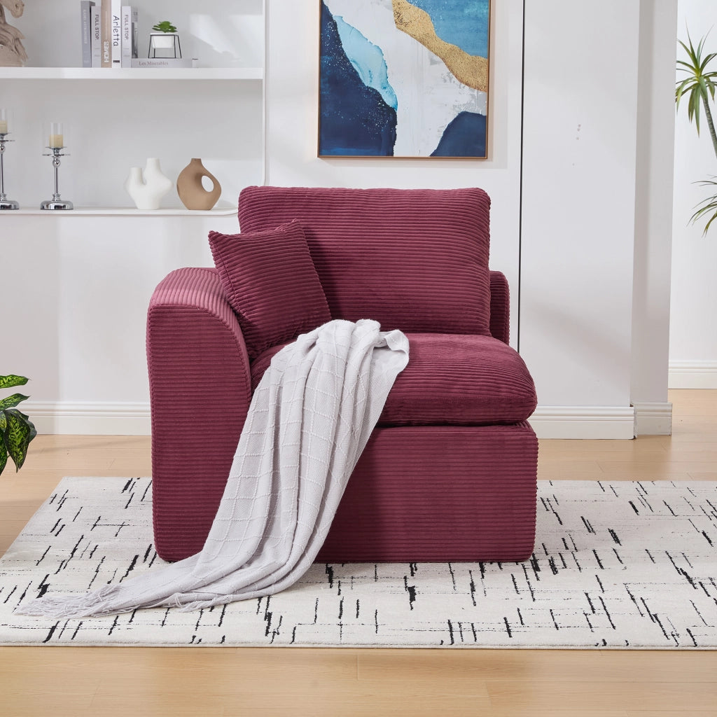OKWISH Poltrona in Velluto a Coste, Seduta Imbottita con Cuscino e Design Minimalista, Rosso Vino, 101 × 102.5 × 84 cm