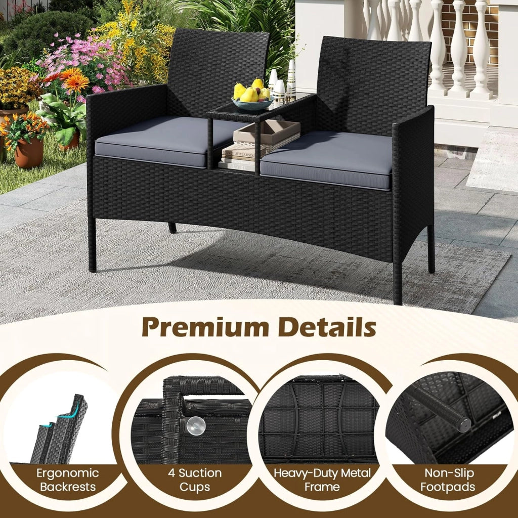 Divanetto da Esterno in Rattan, Set Conversazione da Patio a 2 Posti con Tavolino da Caffè Integrato, Cuscini Rimovibili, Mobili in Vimini per Giardino, Balcone, Veranda (Grigio)