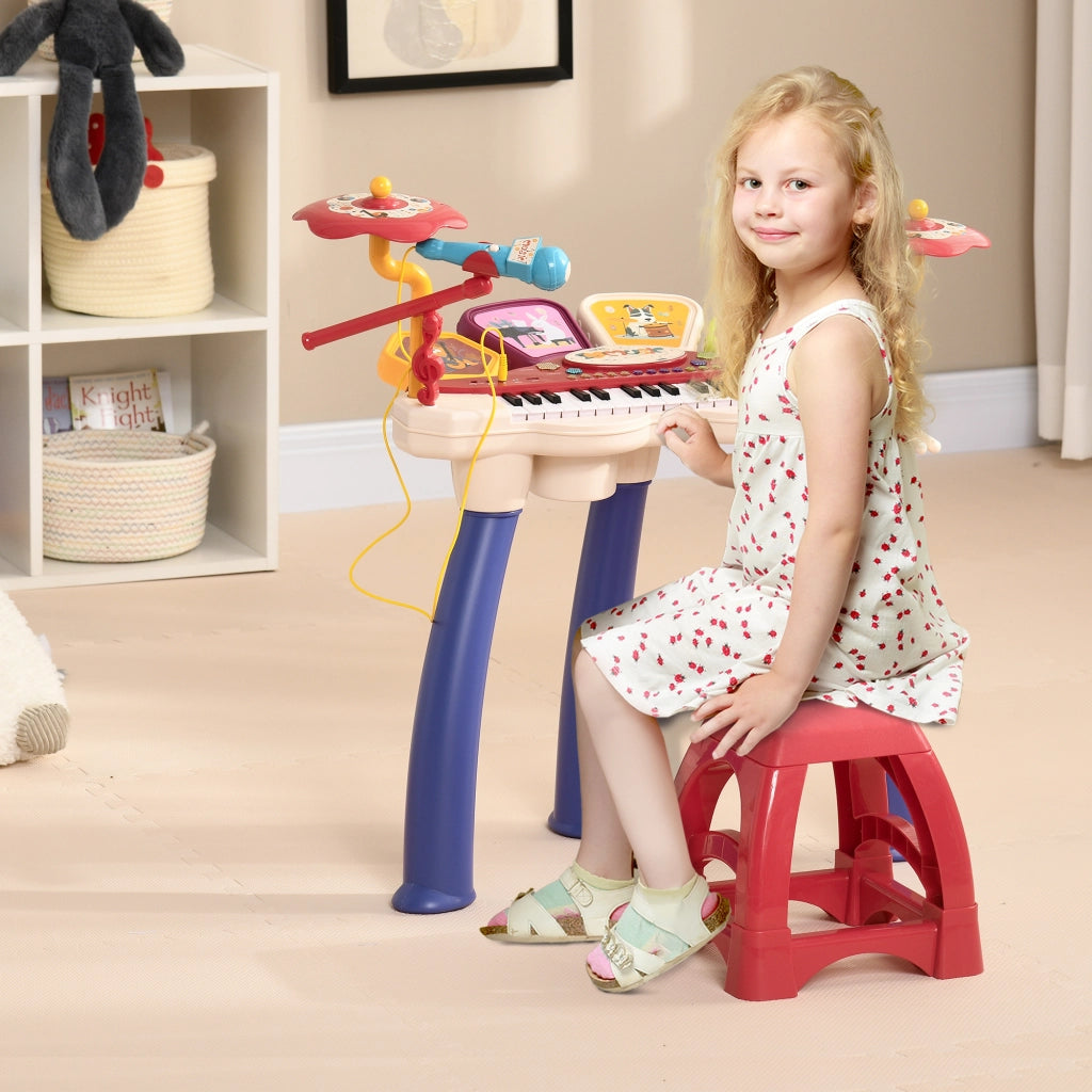 Pianola per Bambini 3-6 Anni con Sgabello, Microfono, Tamburo e Bacchette, in PP e ABS, 74x32.2x71 cm