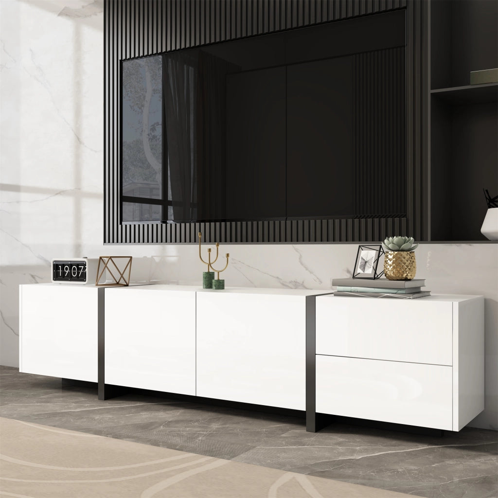 OKWISH Mobile TV con 3 Ante 1 Cassetto e 1 Anta a Ribalta, Frontali Lucidi, per Soggiorno, Bianco e Nero, 170 x 30 x 39 cm