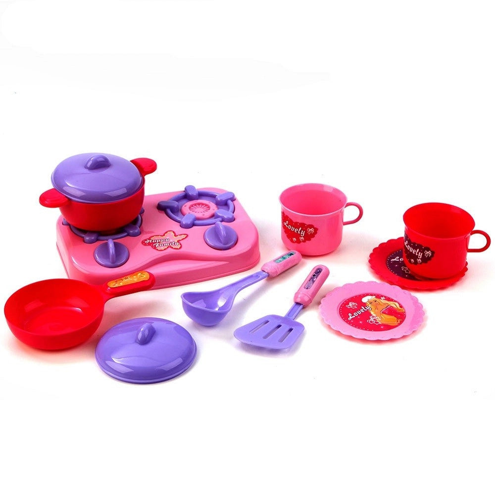 Trade Shop - Set Cucina Per Bambine 11 Pz Con Piano Cottura Stoviglie Pentole Accessori Gioco -