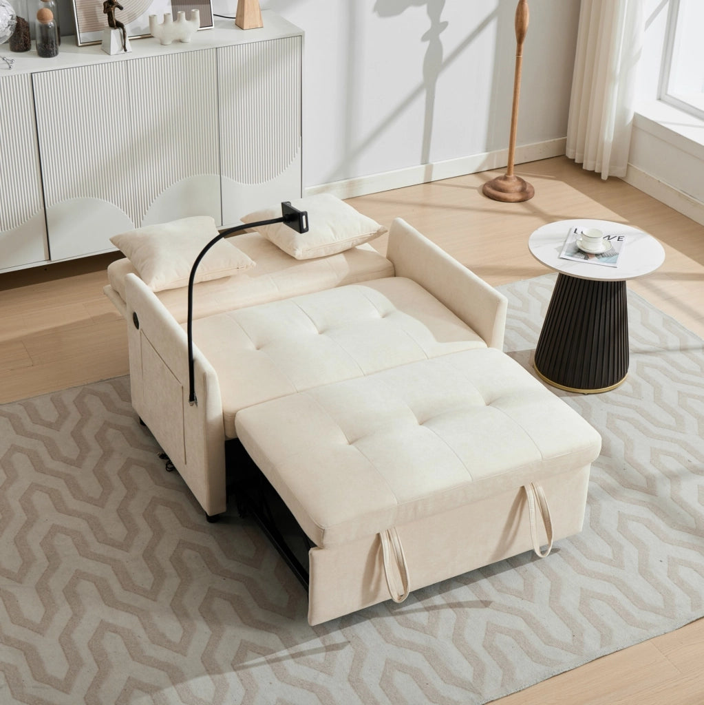 Divano multifunzionale moderno in tessuto Lino spazzolato con porta USB e supporto tablet, dimensioni compatte