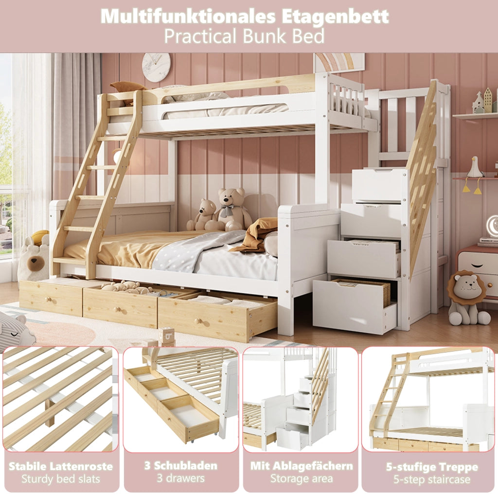 Letto a castello 90 × 200 cm et 140 × 200 cm con scala contenitore, scala a pioli et 3 cassetti, senza materasso